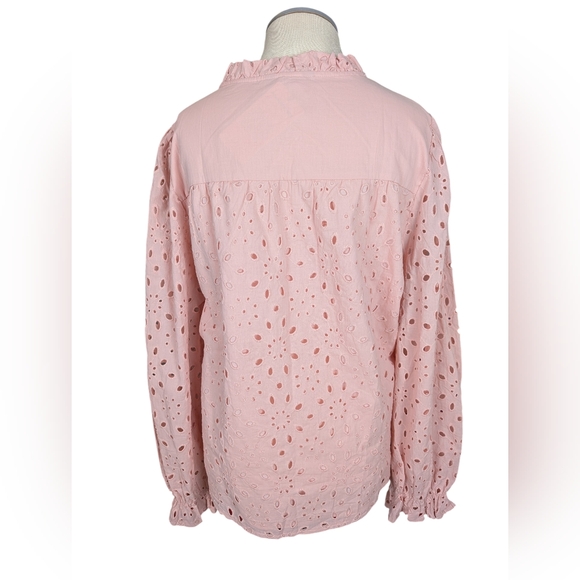 Pink Romantic Boho Puff Long Sleeve Button Up Blouse With Lace Eyelet Details - Picture 6 of 11